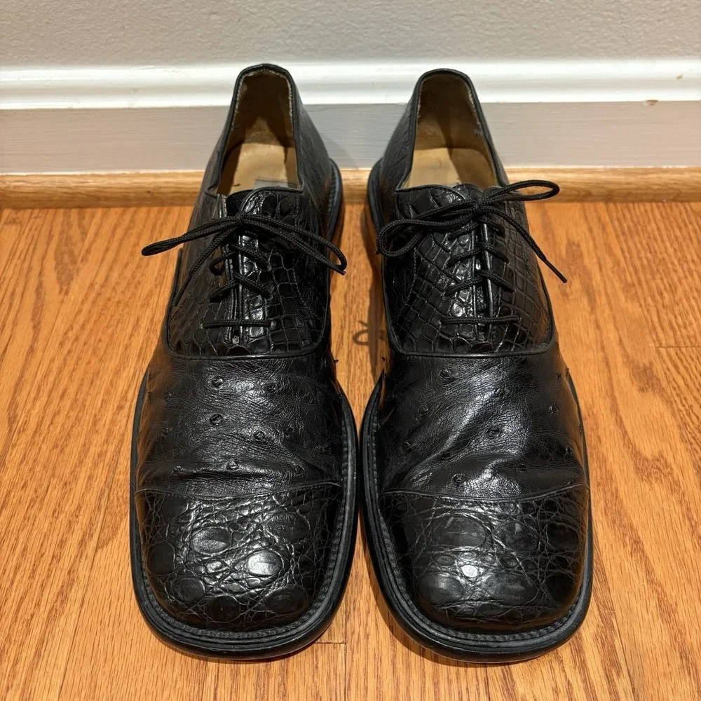 Mezlan Men's Genuine Crocodile Lace-Up Dress Shoes Sz 10.5 Black Square Toe